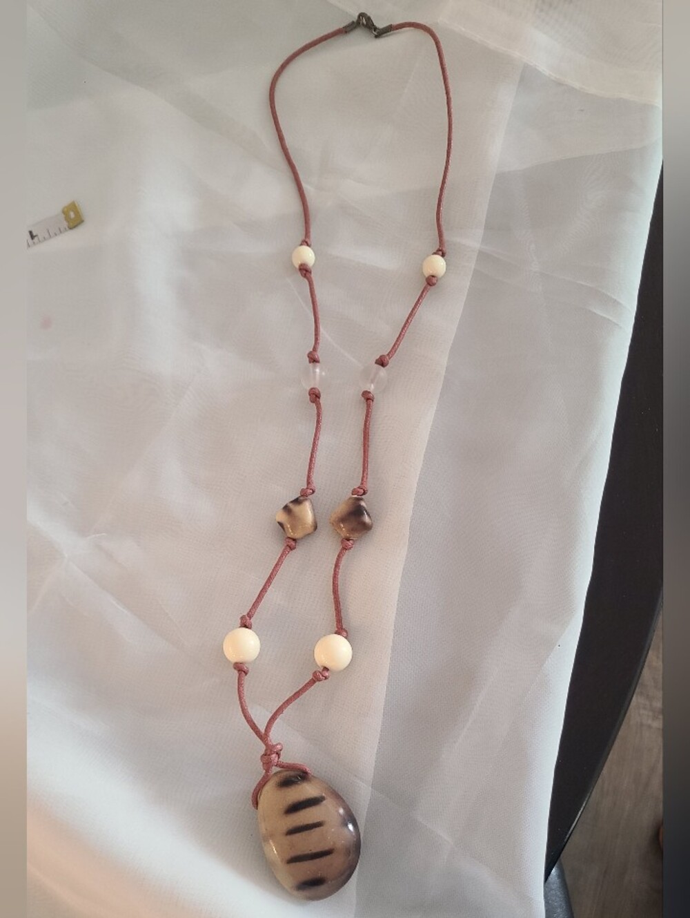 Handcrafted Tan & Brown Striped Pendant Necklace - Women Jewelry 34" Strand